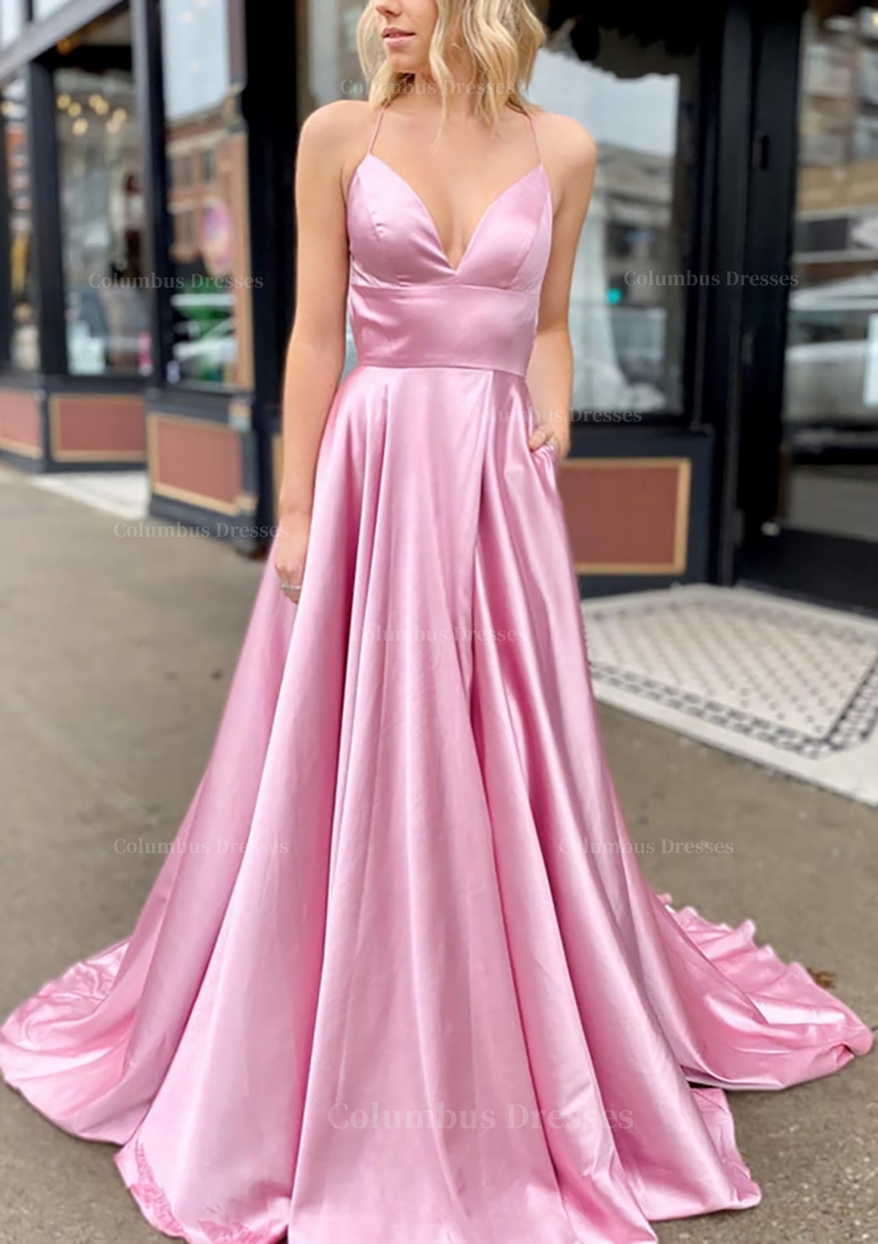 Evening Dress Italy, A-line V Neck Sleeveless Charmeuse Sweep Train Prom Dress With Pockets