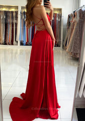 Red Formal Dress, A-line V Neck Sleeveless Charmeuse Sweep Train Prom Dress With Split