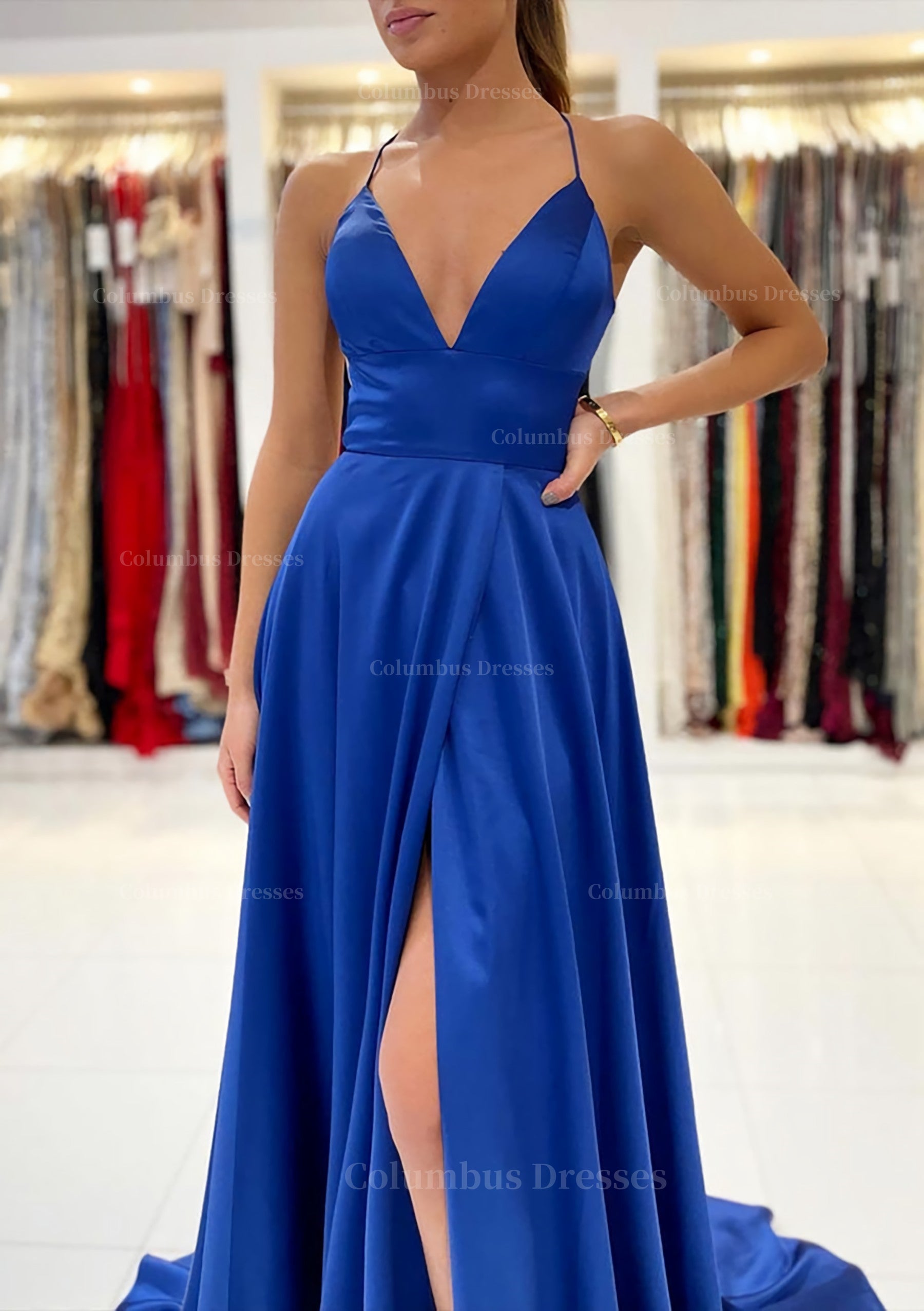 Prom Dress 2049, A-line V Neck Sleeveless Charmeuse Sweep Train Prom Dress With Split