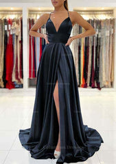 Party Dresses Jumpsuits, A-line V Neck Sleeveless Charmeuse Sweep Train Prom Dress With Split