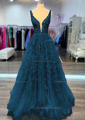 Country Wedding, A-line V Neck Sleeveless Long/Floor-Length Lace Prom Dress With Beading