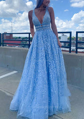 Summer Wedding Color, A-line V Neck Sleeveless Long/Floor-Length Lace Tulle Prom Dress With Beading Sequins
