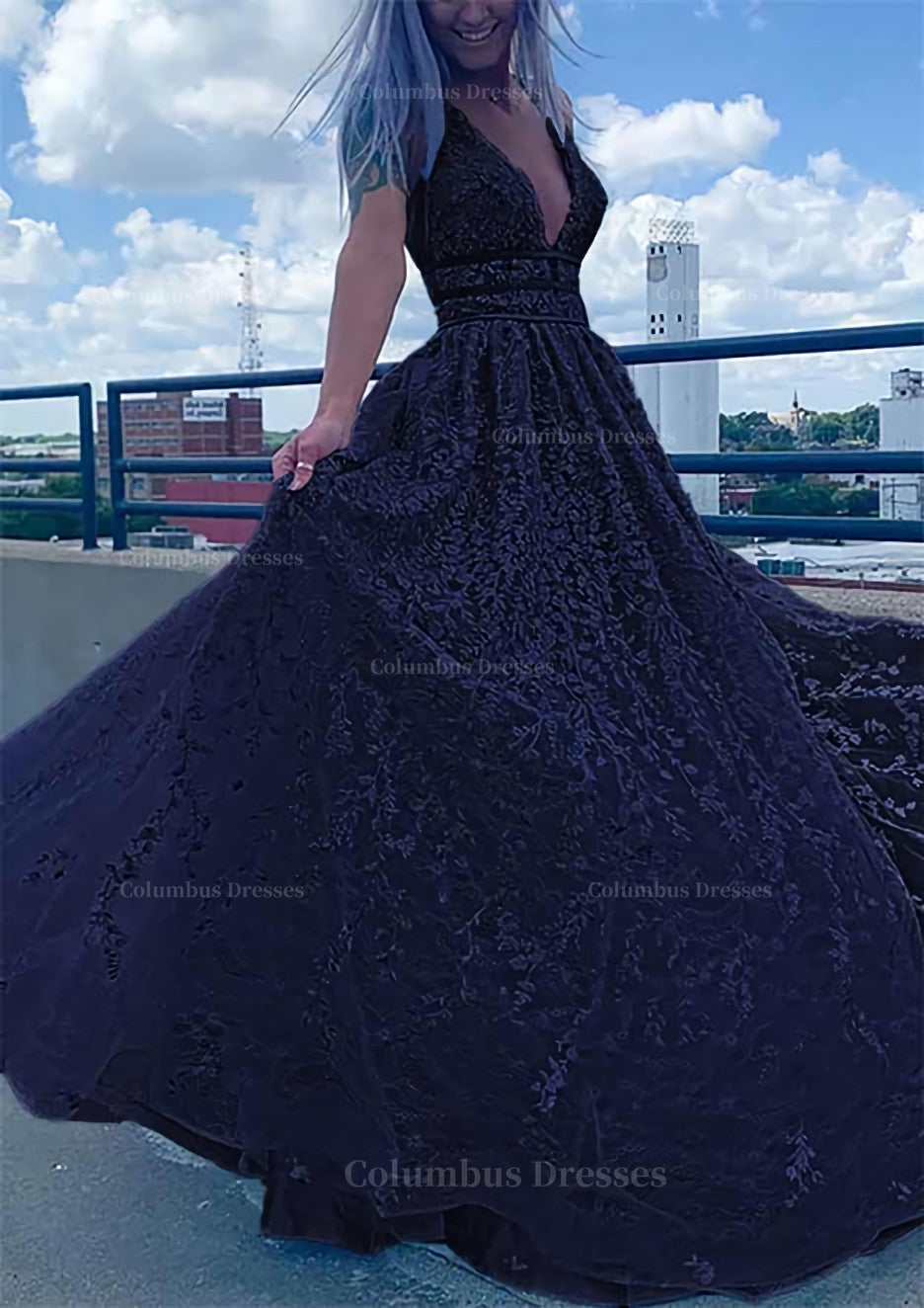 Black Tie Wedding, A-line V Neck Sleeveless Long/Floor-Length Lace Tulle Prom Dress With Beading Sequins