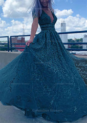 Long Sleeve Dress, A-line V Neck Sleeveless Long/Floor-Length Lace Tulle Prom Dress With Beading Sequins