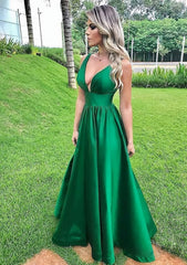 Prom Dress Sales, A-line V Neck Sleeveless Long/Floor-Length Satin Prom Dress With Pleated