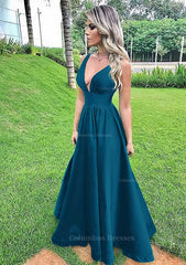 Prom Dress Online, A-line V Neck Sleeveless Long/Floor-Length Satin Prom Dress With Pleated
