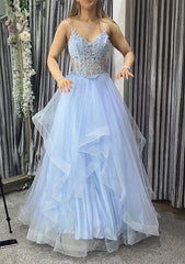 Elegant Dress Classy, A-line V Neck Sleeveless Long/Floor-Length Tulle Charmeuse Prom Dress With Appliqued Lace