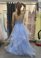Dinner Outfit, A-line V Neck Sleeveless Long/Floor-Length Tulle Charmeuse Prom Dress With Appliqued Lace
