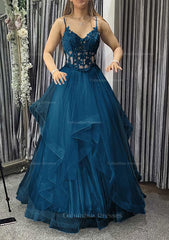 Party Dresses Short Tight, A-line V Neck Sleeveless Long/Floor-Length Tulle Charmeuse Prom Dress With Appliqued Lace
