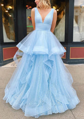 Prom Dresses Ball Gown, A-line V Neck Sleeveless Long/Floor-Length Tulle Glitter Prom Dress With Pleated