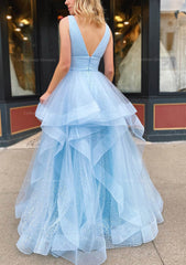 Prom Dresses Vintage, A-line V Neck Sleeveless Long/Floor-Length Tulle Glitter Prom Dress With Pleated