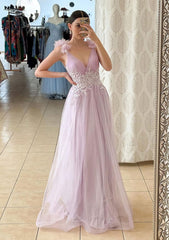 Formal Dress To Attend Wedding, A-line V Neck Sleeveless Long/Floor-Length Tulle Prom Dress With Appliqued Beading Flowers