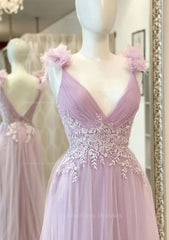 Formal Dresses Wedding Guest, A-line V Neck Sleeveless Long/Floor-Length Tulle Prom Dress With Appliqued Beading Flowers