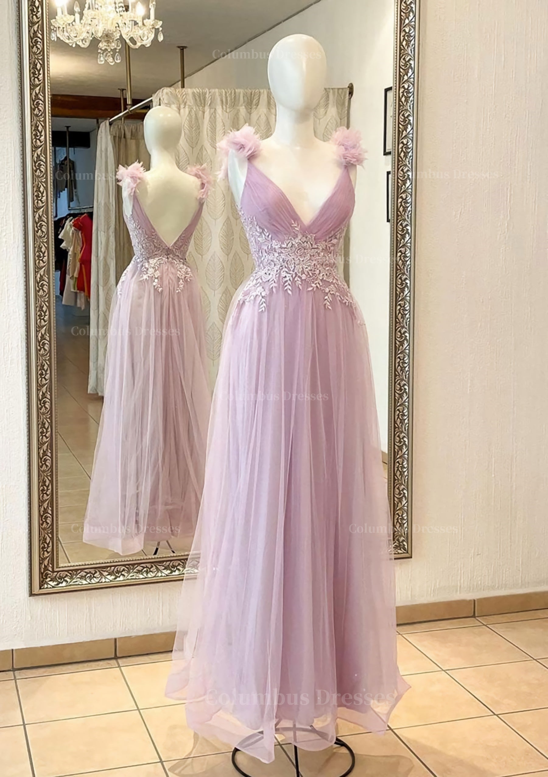 Formal Dresses Over 78, A-line V Neck Sleeveless Long/Floor-Length Tulle Prom Dress With Appliqued Beading Flowers