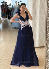Formal Dresses For Large Ladies, A-line V Neck Sleeveless Long/Floor-Length Tulle Prom Dress With Appliqued Beading Flowers