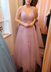 Evening Dress Style, A-line V Neck Sleeveless Long/Floor-Length Tulle Prom Dress With Appliqued Lace