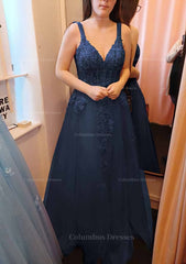 Evening Dress Styles, A-line V Neck Sleeveless Long/Floor-Length Tulle Prom Dress With Appliqued Lace