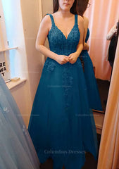 Evening Dresses Dresses, A-line V Neck Sleeveless Long/Floor-Length Tulle Prom Dress With Appliqued Lace