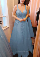 Evening Dress Dresses, A-line V Neck Sleeveless Long/Floor-Length Tulle Prom Dress With Appliqued Lace