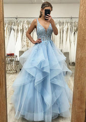 Short Prom Dress, A-line V Neck Sleeveless Long/Floor-Length Tulle Satin Prom Dress With Lace Appliqued