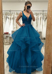 Autumn Wedding, A-line V Neck Sleeveless Long/Floor-Length Tulle Satin Prom Dress With Lace Appliqued