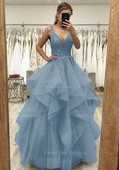 White Wedding, A-line V Neck Sleeveless Long/Floor-Length Tulle Satin Prom Dress With Lace Appliqued