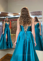 Formal Dress Australia, A-line V Neck Sleeveless Satin Long/Floor-Length Prom Dress With Pockets Split
