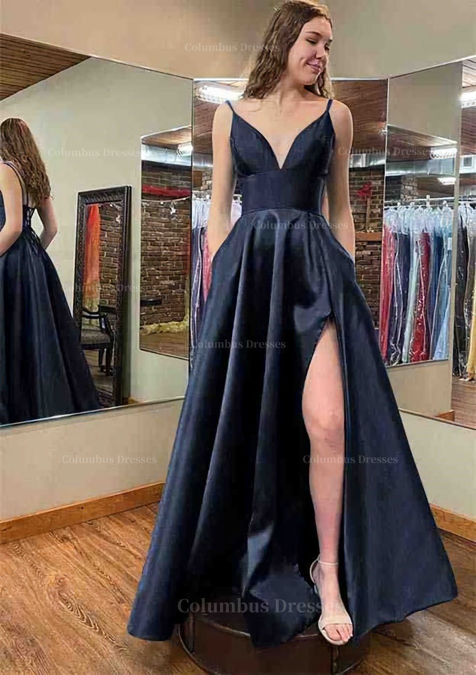 Formal Dress Boutique, A-line V Neck Sleeveless Satin Long/Floor-Length Prom Dress With Pockets Split
