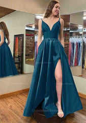 Formal Dresses Winter, A-line V Neck Sleeveless Satin Long/Floor-Length Prom Dress With Pockets Split