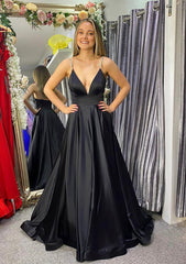 Bridesmaid Dresses Website, A-line V Neck Sleeveless Satin Sweep Train Prom Dress With Beading