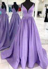 Bridesmaid Dresses Winter Wedding, A-line V Neck Sleeveless Satin Sweep Train Prom Dress With Pleated