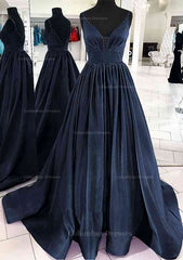 Bridesmaid Dresses For Winter Wedding, A-line V Neck Sleeveless Satin Sweep Train Prom Dress With Pleated