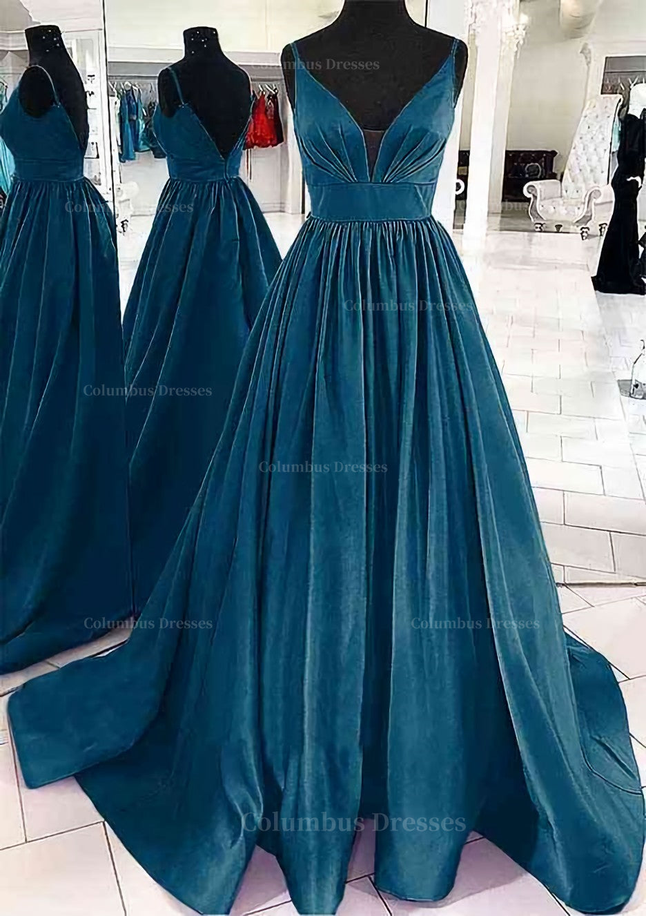 Bridesmaid Dress Vintage, A-line V Neck Sleeveless Satin Sweep Train Prom Dress With Pleated