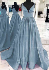 Bridesmaids Dresses Vintage, A-line V Neck Sleeveless Satin Sweep Train Prom Dress With Pleated