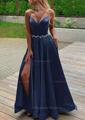 Gorgeou Dress, A-line V Neck Sleeveless Satin Sweep Train Prom Dress With Pockets Waistband Split