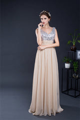 Prom Dress With Sleeves, A Line V-Neck Sleeveless Sequins Chiffon Floor Length Prom Dresses