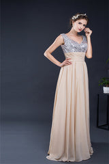 Prom Dress With Sleeve, A Line V-Neck Sleeveless Sequins Chiffon Floor Length Prom Dresses