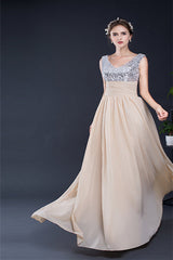 Prom Dresses Navy, A Line V-Neck Sleeveless Sequins Chiffon Floor Length Prom Dresses