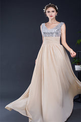 Prom Dress Tulle, A Line V-Neck Sleeveless Sequins Chiffon Floor Length Prom Dresses