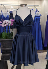 Party Dresses Fall, A-line V Neck Sleeveless Short/Mini Charmeuse Homecoming Dress with Pleated