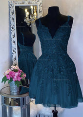 Evening Dress Lace, A-line V Neck Sleeveless Short/Mini Tulle Homecoming Dress with Appliqued Beading