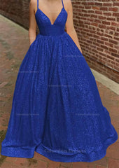 Prom Dresses Outfits, A-line V Neck Sleeveless Sweep Train Sequined Prom Dress with Pockets