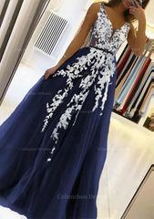 Bridesmaids Dress Blue, A-line V Neck Sleeveless Sweep Train Tulle Prom Dress With Beading Lace