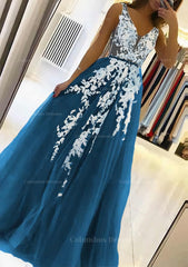 Bridesmaid Dresses Pinks, A-line V Neck Sleeveless Sweep Train Tulle Prom Dress With Beading Lace