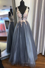 Prom Dress Curvy, A Line V Neck Smoke Blue Long Prom Dress with Lace Appliques, Floral Smoke Blue Formal Graduation Evening Dress