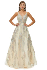Homecoming Dress Beautiful, A-line V-neck Spaghetti strap Lace Floor-length Sleeveless Beading Prom Dresses