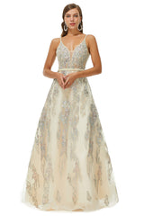 Homecoming Dresses Beautiful, A-line V-neck Spaghetti strap Lace Floor-length Sleeveless Beading Prom Dresses