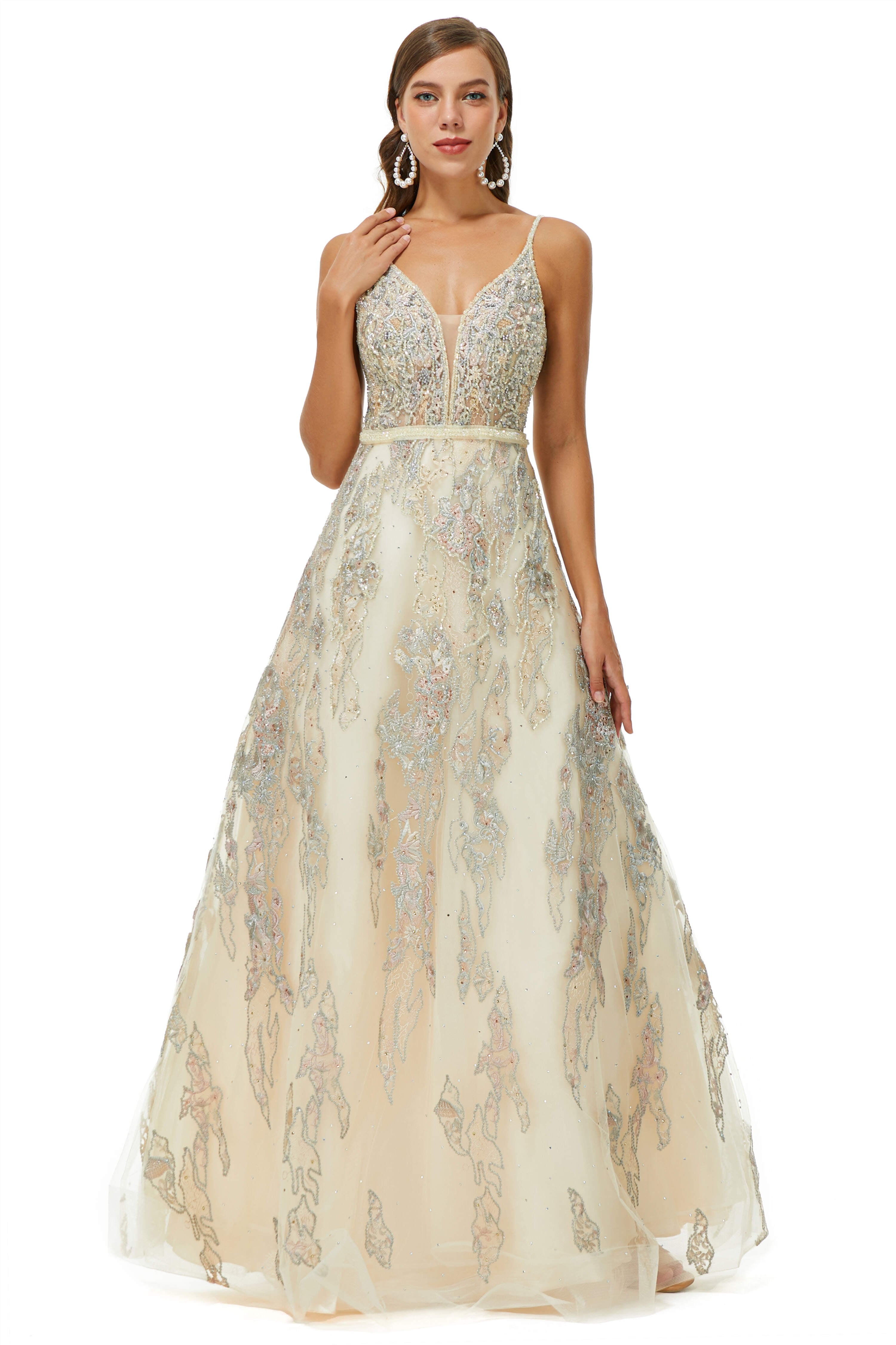 Homecoming Dresses 2044, A-line V-neck Spaghetti strap Lace Floor-length Sleeveless Beading Prom Dresses
