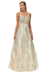 Homecoming Dress 2044, A-line V-neck Spaghetti strap Lace Floor-length Sleeveless Beading Prom Dresses