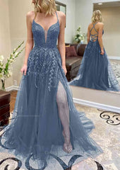 Bridesmaids Dresses Sale, A-line V Neck Spaghetti Straps Chapel Train Tulle Prom Dress With Split Appliqued